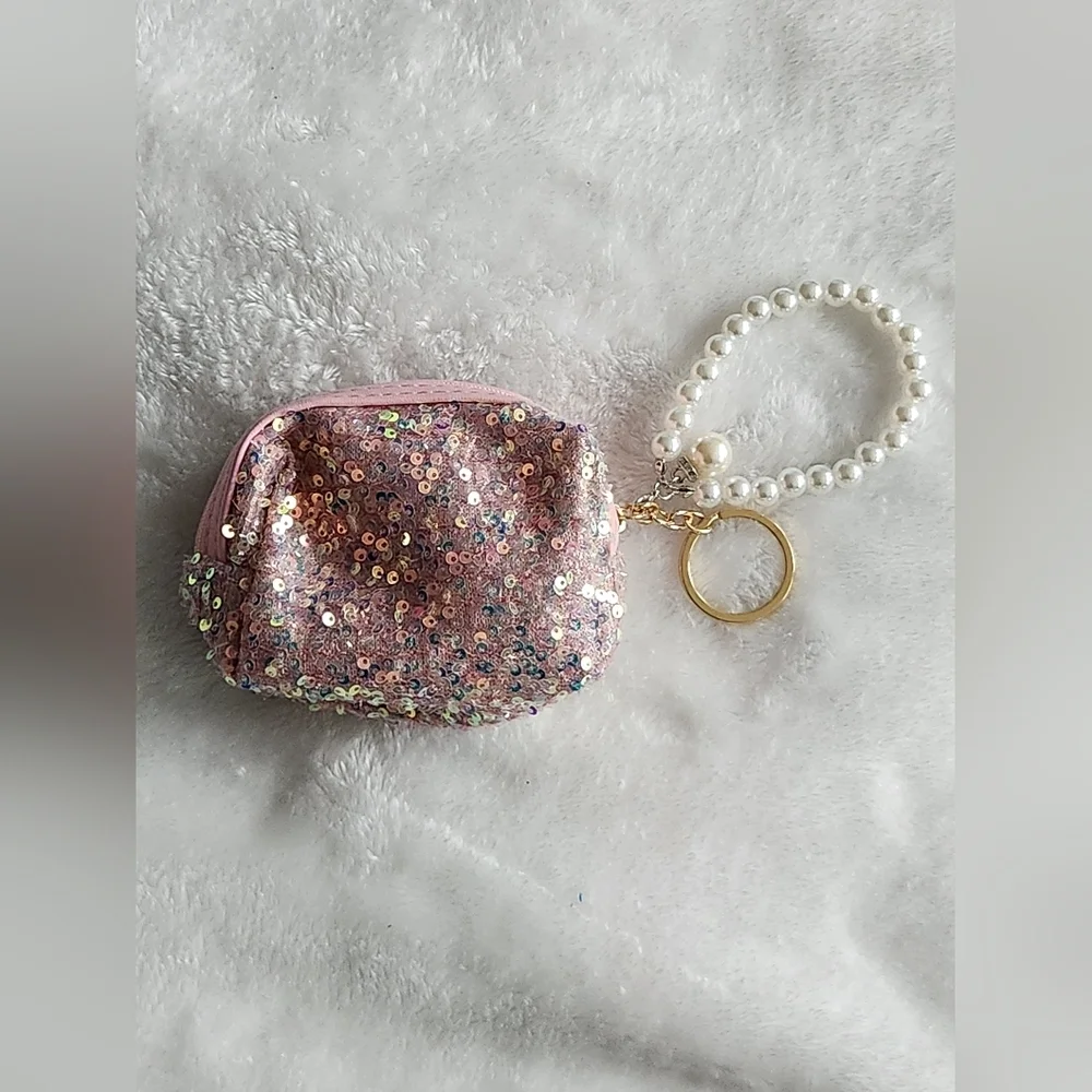 Pink Sequin Hello Kitty Mini Purse with Pearl Handle Keychain Bag Charm